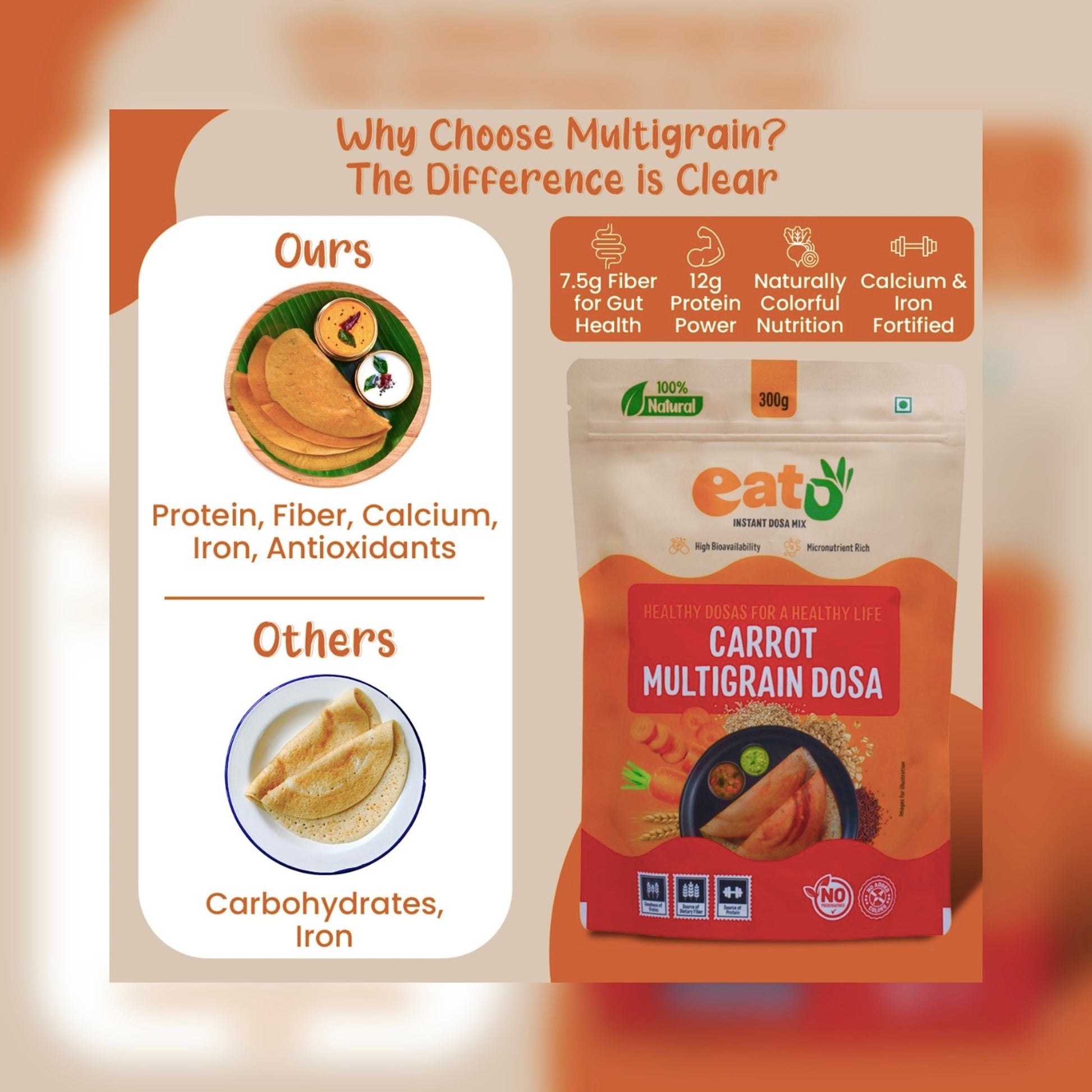 Eat5 Instant Carrot Multigrain Dosa Mix (300g) | Healthy & Ready-to-Cook South Indian Breakfast | Rich in Protein, Fibre & Micronutrients | 100% Natural, No Maida, No Preservatives | Makes 10–12 Nutritious Dosas