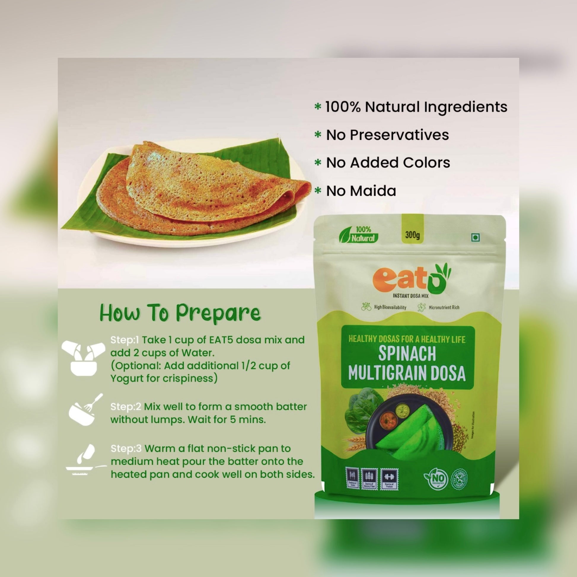 Eat5 Instant Spinach Multigrain Dosa Mix (300g) | Healthy & Ready-to-Cook South Indian Breakfast | Rich in Protein, Fibre & Micronutrients | 100% Natural, No Maida, No Preservatives | Makes 10–12 Nutritious Dosas