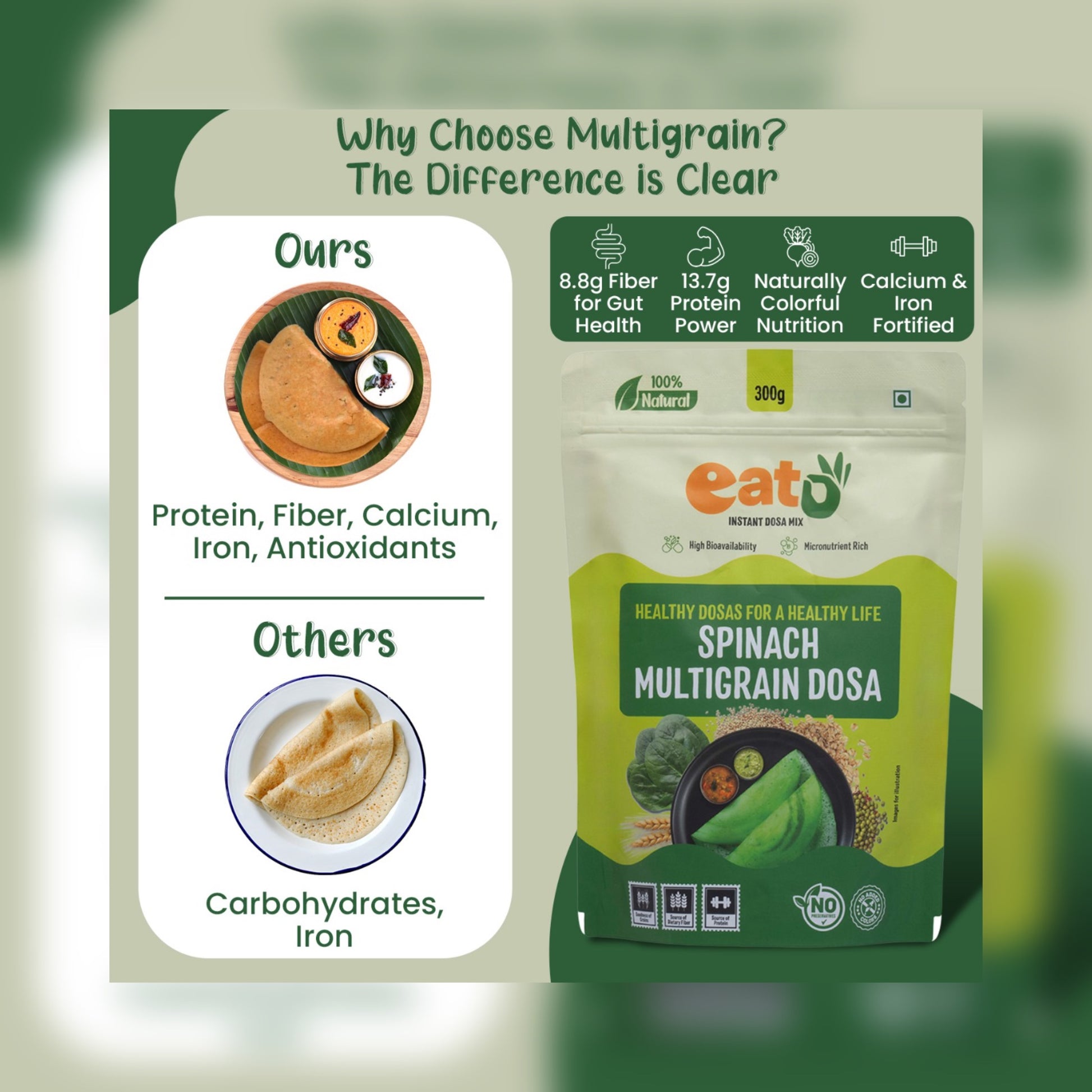 Eat5 Instant Spinach Multigrain Dosa Mix (300g) | Healthy & Ready-to-Cook South Indian Breakfast | Rich in Protein, Fibre & Micronutrients | 100% Natural, No Maida, No Preservatives | Makes 10–12 Nutritious Dosas
