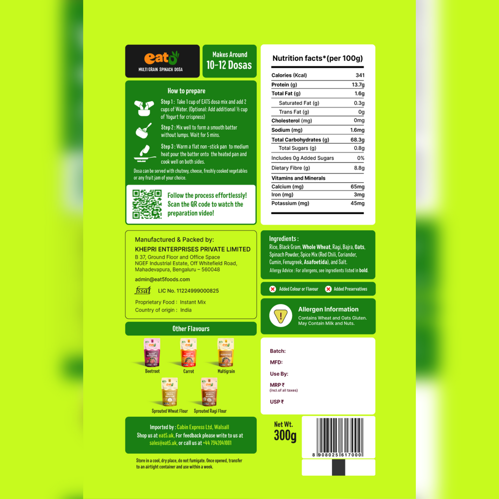 Eat5 Instant Spinach Multigrain Dosa Mix (300g) | Healthy & Ready-to-Cook South Indian Breakfast | Rich in Protein, Fibre & Micronutrients | 100% Natural, No Maida, No Preservatives | Makes 10–12 Nutritious Dosas