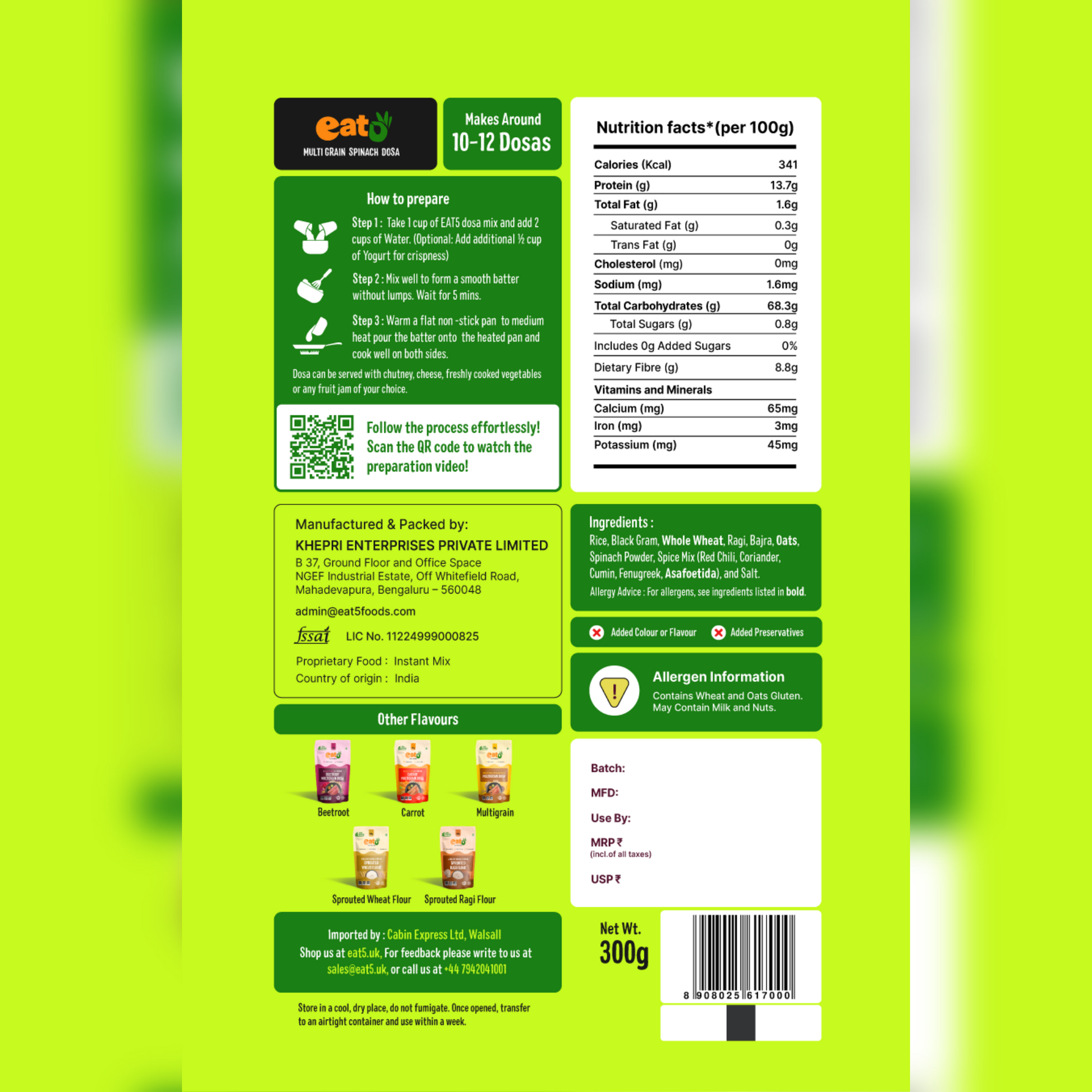 Eat5 Instant Spinach Multigrain Dosa Mix (300g) | Healthy & Ready-to-Cook South Indian Breakfast | Rich in Protein, Fibre & Micronutrients | 100% Natural, No Maida, No Preservatives | Makes 10–12 Nutritious Dosas