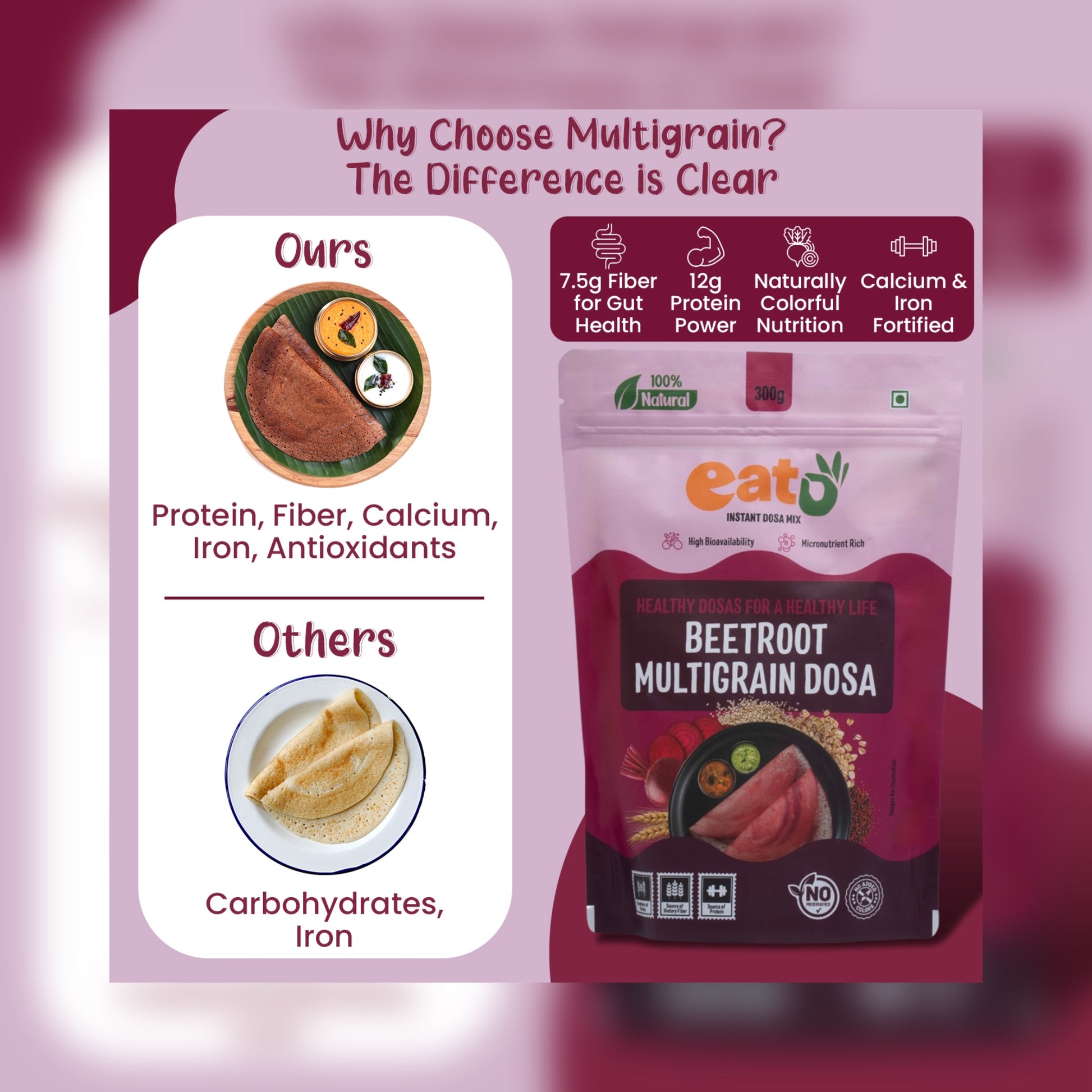 Eat5 Instant Beetroot Multigrain Dosa Mix (300g) | Healthy & Ready-to-Cook South Indian Breakfast | Rich in Protein, Fibre & Micronutrients | 100% Natural, No Maida, No Preservatives | Makes 10–12 Nutritious Dosas