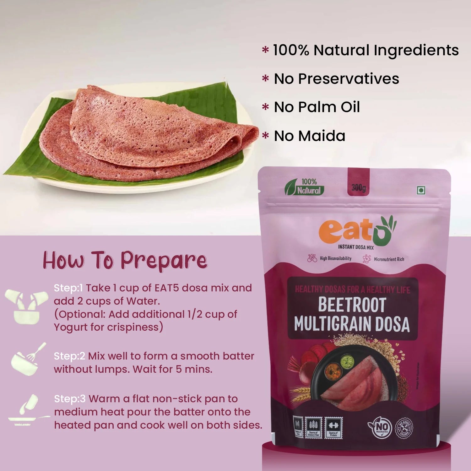 Eat5 Instant Beetroot Multigrain Dosa Mix (300g) | Healthy & Ready-to-Cook South Indian Breakfast | Rich in Protein, Fibre & Micronutrients | 100% Natural, No Maida, No Preservatives | Makes 10–12 Nutritious Dosas