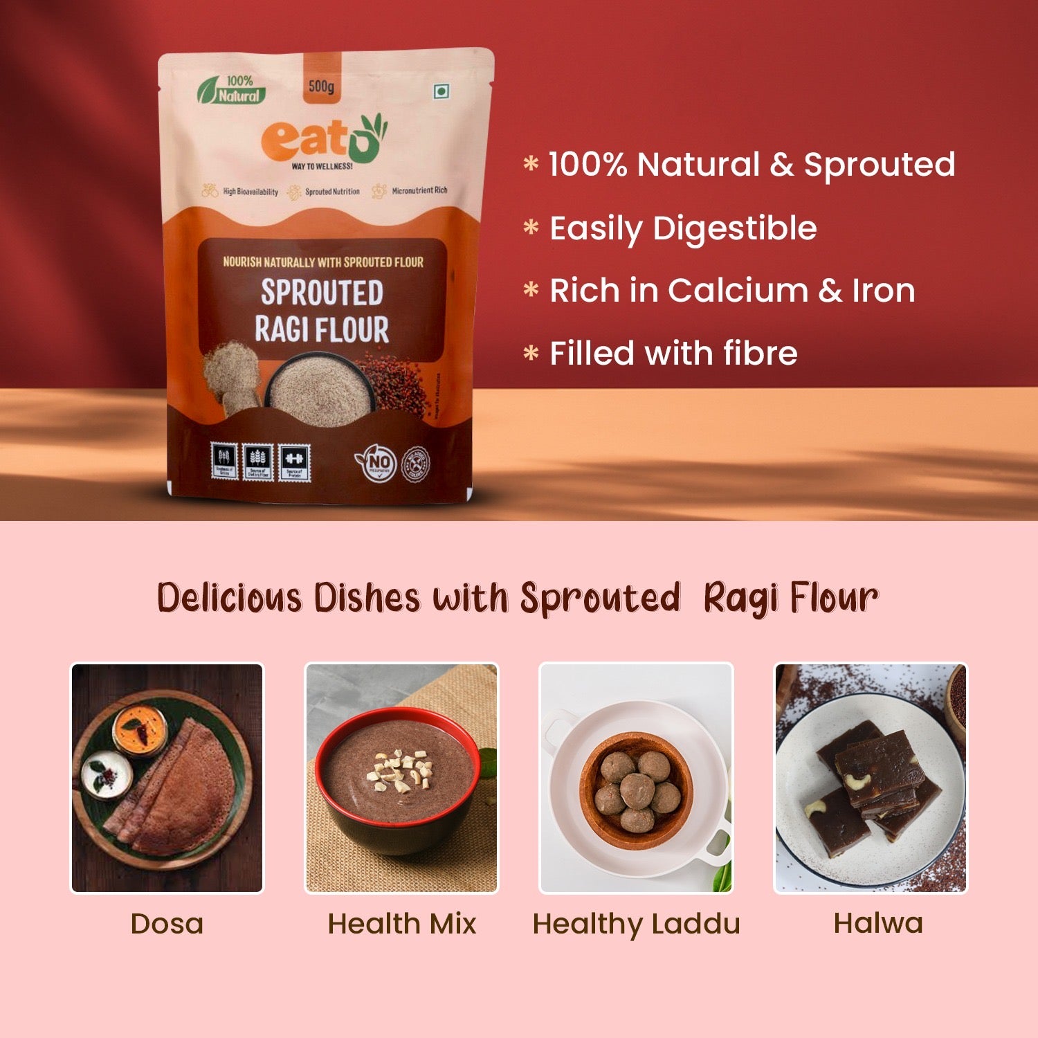 Eat5 Sprouted Ragi Flour (500g) | Healthy & Instant | High Calcium & Iron Superfood | 100% Natural, Gluten-Free, Vegan Millet Flour | Ideal for Porridge, Rotis, Idli, Pancakes & Baking | No Preservatives, No Additives