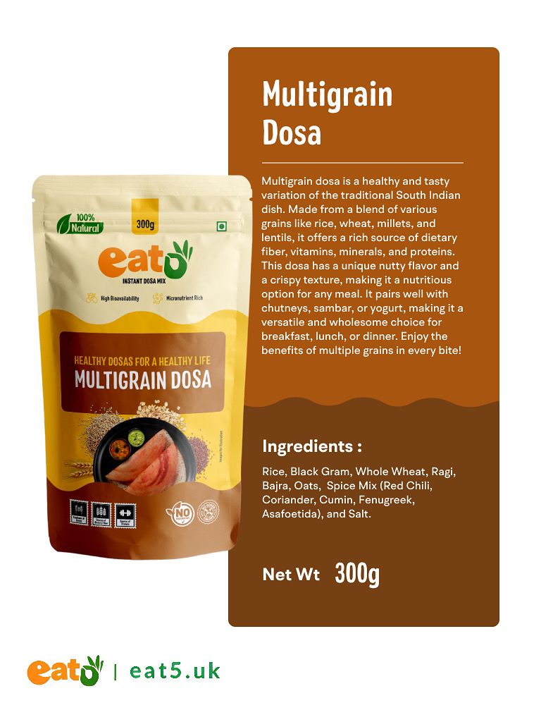 Eat5 Instant Multigrain Dosa Mix (300g) | Healthy & Ready-to-Cook South Indian Breakfast | Rich in Protein, Fibre & Micronutrients | 100% Natural, No Maida, No Preservatives | Makes 10–12 Nutritious Dosas