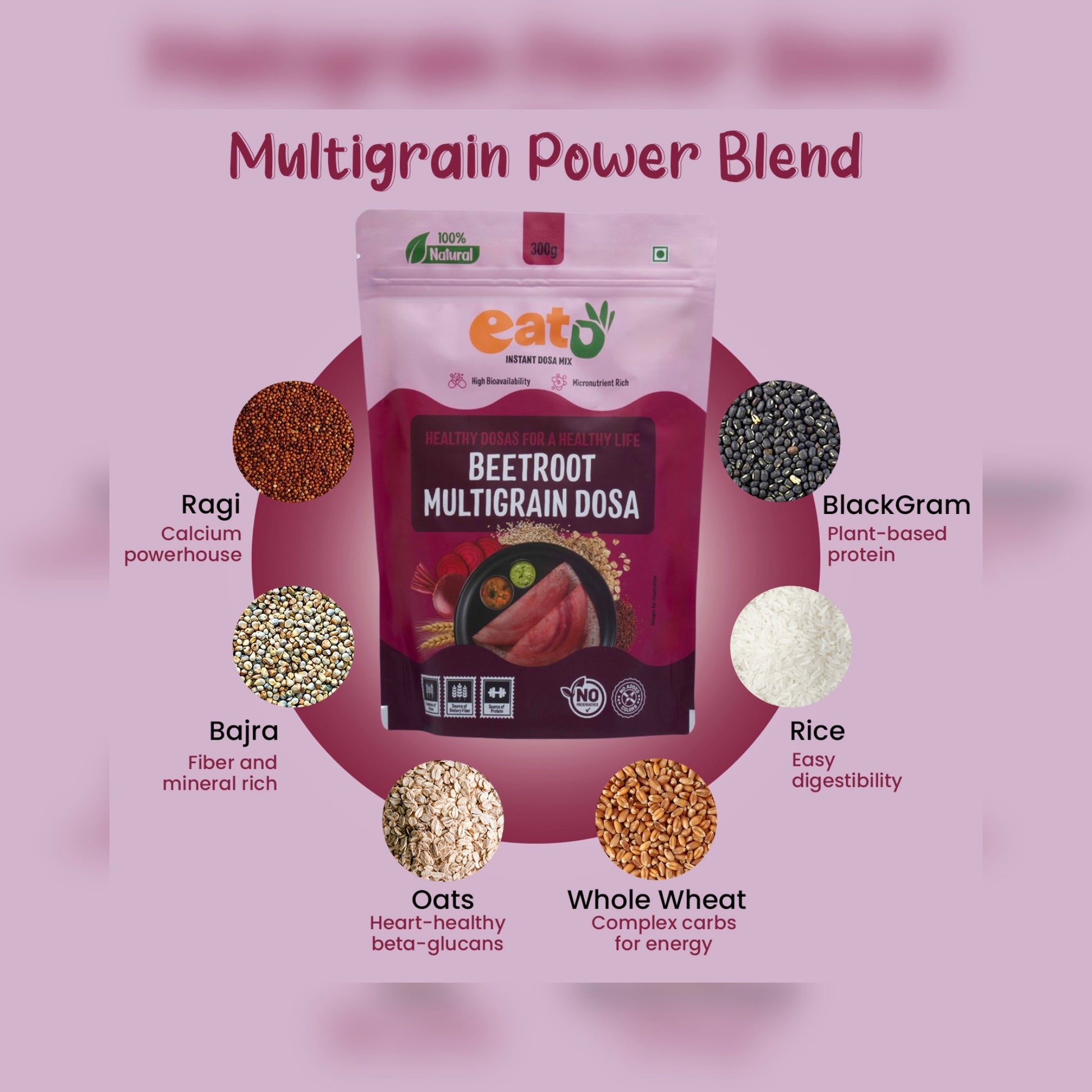 Eat5 Instant Beetroot Multigrain Dosa Mix (300g) | Healthy & Ready-to-Cook South Indian Breakfast | Rich in Protein, Fibre & Micronutrients | 100% Natural, No Maida, No Preservatives | Makes 10–12 Nutritious Dosas