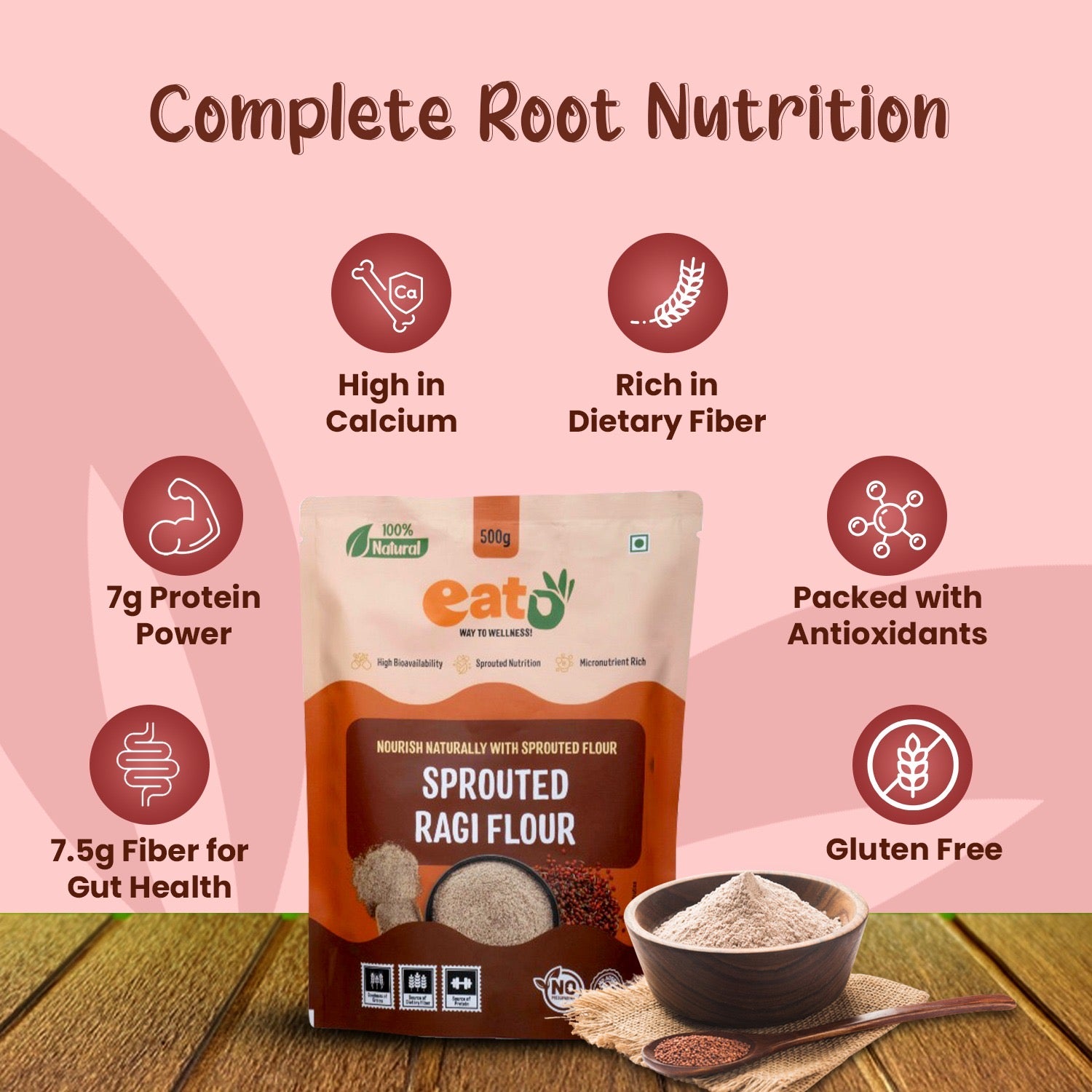 Eat5 Sprouted Ragi Flour (500g) | Healthy & Instant | High Calcium & Iron Superfood | 100% Natural, Gluten-Free, Vegan Millet Flour | Ideal for Porridge, Rotis, Idli, Pancakes & Baking | No Preservatives, No Additives