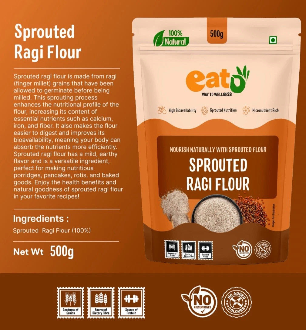 Eat5 Sprouted Ragi Flour (500g) | Healthy & Instant | High Calcium & Iron Superfood | 100% Natural, Gluten-Free, Vegan Millet Flour | Ideal for Porridge, Rotis, Idli, Pancakes & Baking | No Preservatives, No Additives