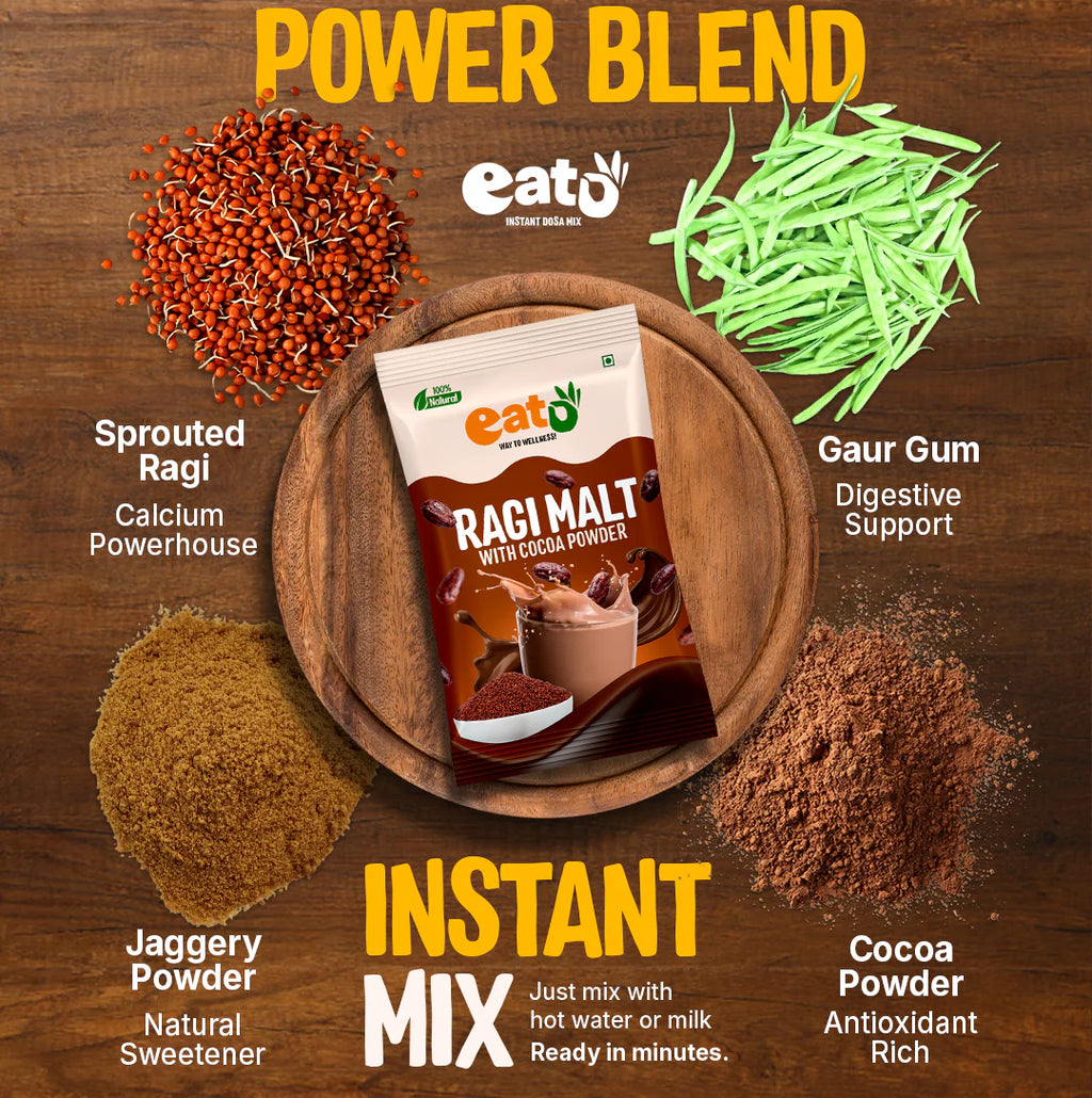 Eat5 Sprouted & Roasted Ragi Malt with Natural Cocoa Powder | Instant & Nutritious Drink Mix | High in Calcium, Iron & Fiber | 100% Natural, No Preservatives | Vegan | 15 Sachets × 15g = 225g Box
