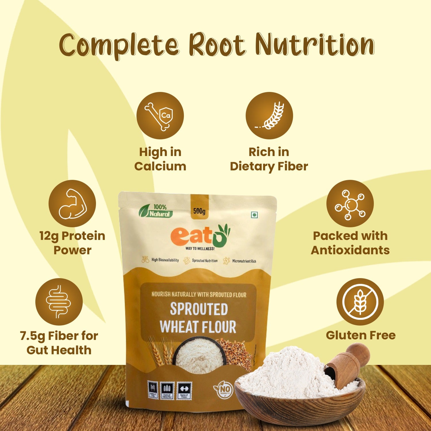 Eat5 Sprouted Wheat Flour (500g) | 100% Natural, Clean Label & Stone-Ground | High Fibre, Protein & Nutrient-Rich | Easy to Digest Whole Wheat Flour | Ideal for Soft Rotis, Chapati, Parathas, Bread & Baking | No Preservatives, No Additives