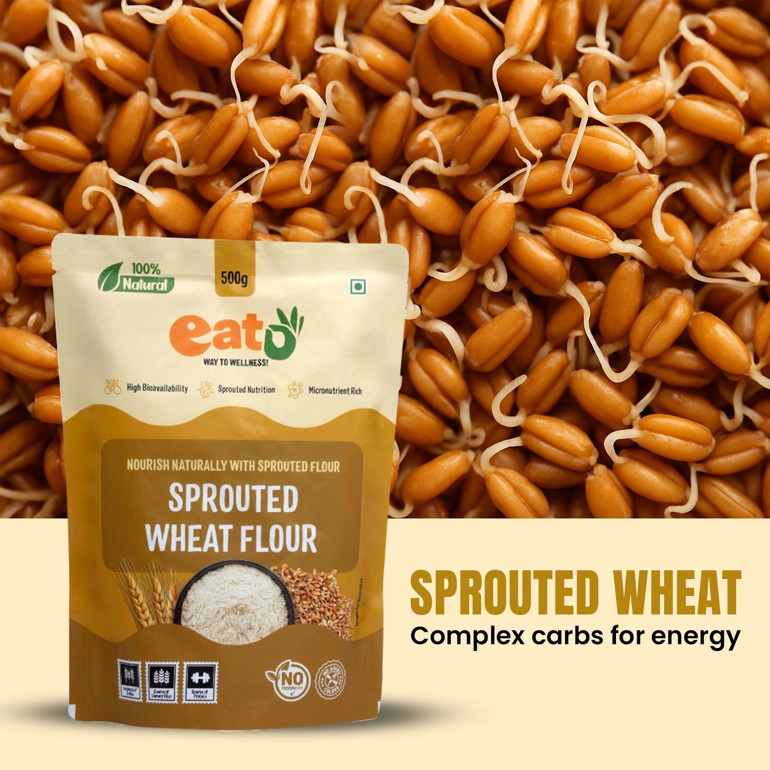 Eat5 Sprouted Wheat Flour (500g) | 100% Natural, Clean Label & Stone-Ground | High Fibre, Protein & Nutrient-Rich | Easy to Digest Whole Wheat Flour | Ideal for Soft Rotis, Chapati, Parathas, Bread & Baking | No Preservatives, No Additives