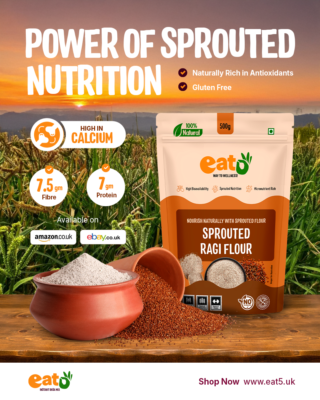 Eat5 Sprouted Ragi Flour (500g) | Healthy & Instant | High Calcium & Iron Superfood | 100% Natural, Gluten-Free, Vegan Millet Flour | Ideal for Porridge, Rotis, Idli, Pancakes & Baking | No Preservatives, No Additives