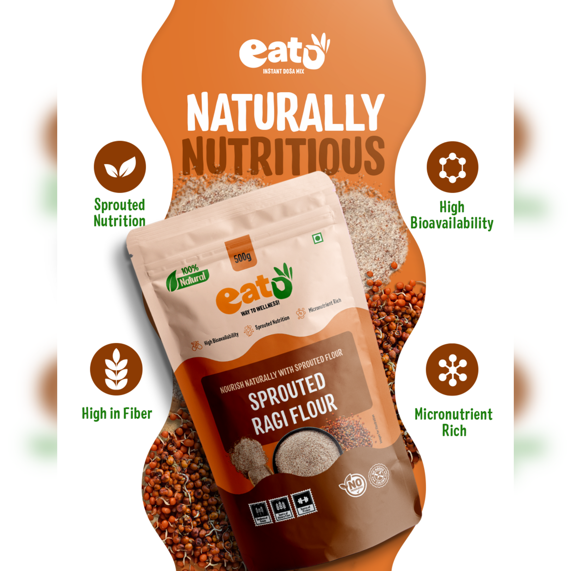 Eat5 Sprouted Ragi Flour (500g) | Healthy & Instant | High Calcium & Iron Superfood | 100% Natural, Gluten-Free, Vegan Millet Flour | Ideal for Porridge, Rotis, Idli, Pancakes & Baking | No Preservatives, No Additives