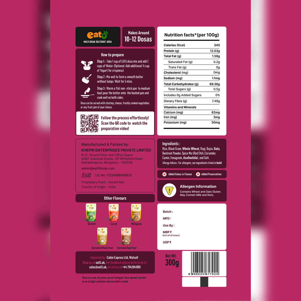 Eat5 Instant Beetroot Multigrain Dosa Mix (300g) | Healthy & Ready-to-Cook South Indian Breakfast | Rich in Protein, Fibre & Micronutrients | 100% Natural, No Maida, No Preservatives | Makes 10–12 Nutritious Dosas