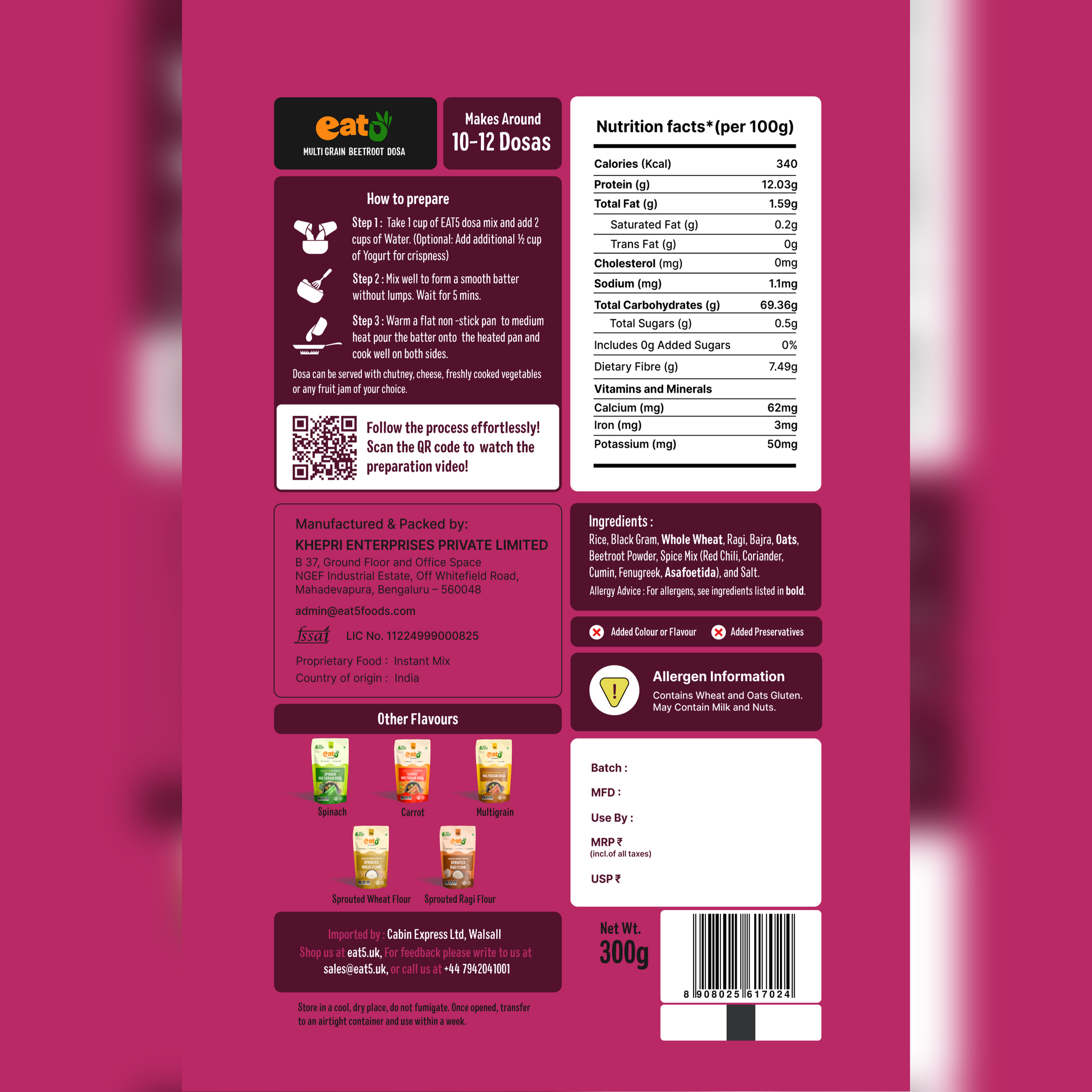 Eat5 Instant Beetroot Multigrain Dosa Mix (300g) | Healthy & Ready-to-Cook South Indian Breakfast | Rich in Protein, Fibre & Micronutrients | 100% Natural, No Maida, No Preservatives | Makes 10–12 Nutritious Dosas