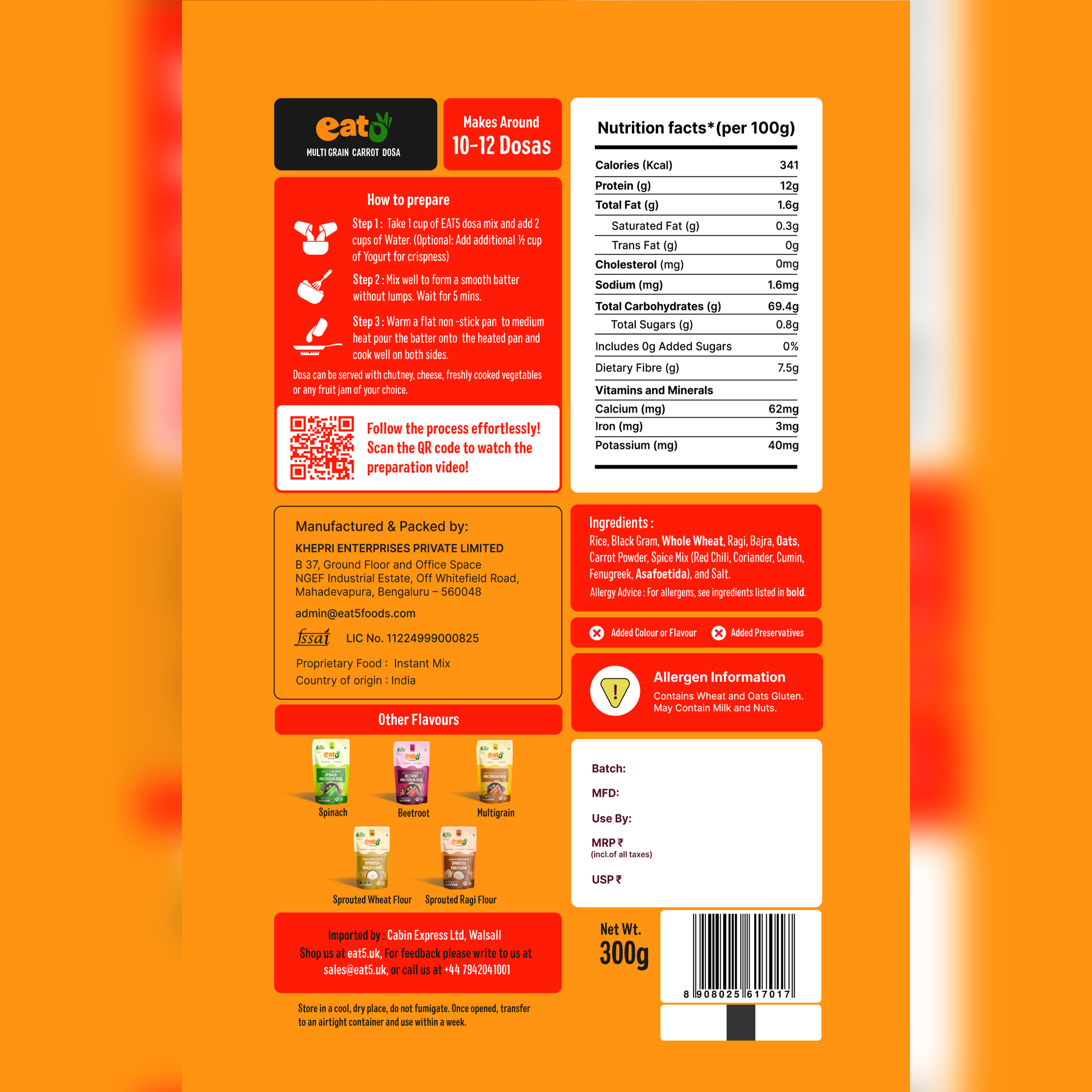 Eat5 Instant Carrot Multigrain Dosa Mix (300g) | Healthy & Ready-to-Cook South Indian Breakfast | Rich in Protein, Fibre & Micronutrients | 100% Natural, No Maida, No Preservatives | Makes 10–12 Nutritious Dosas