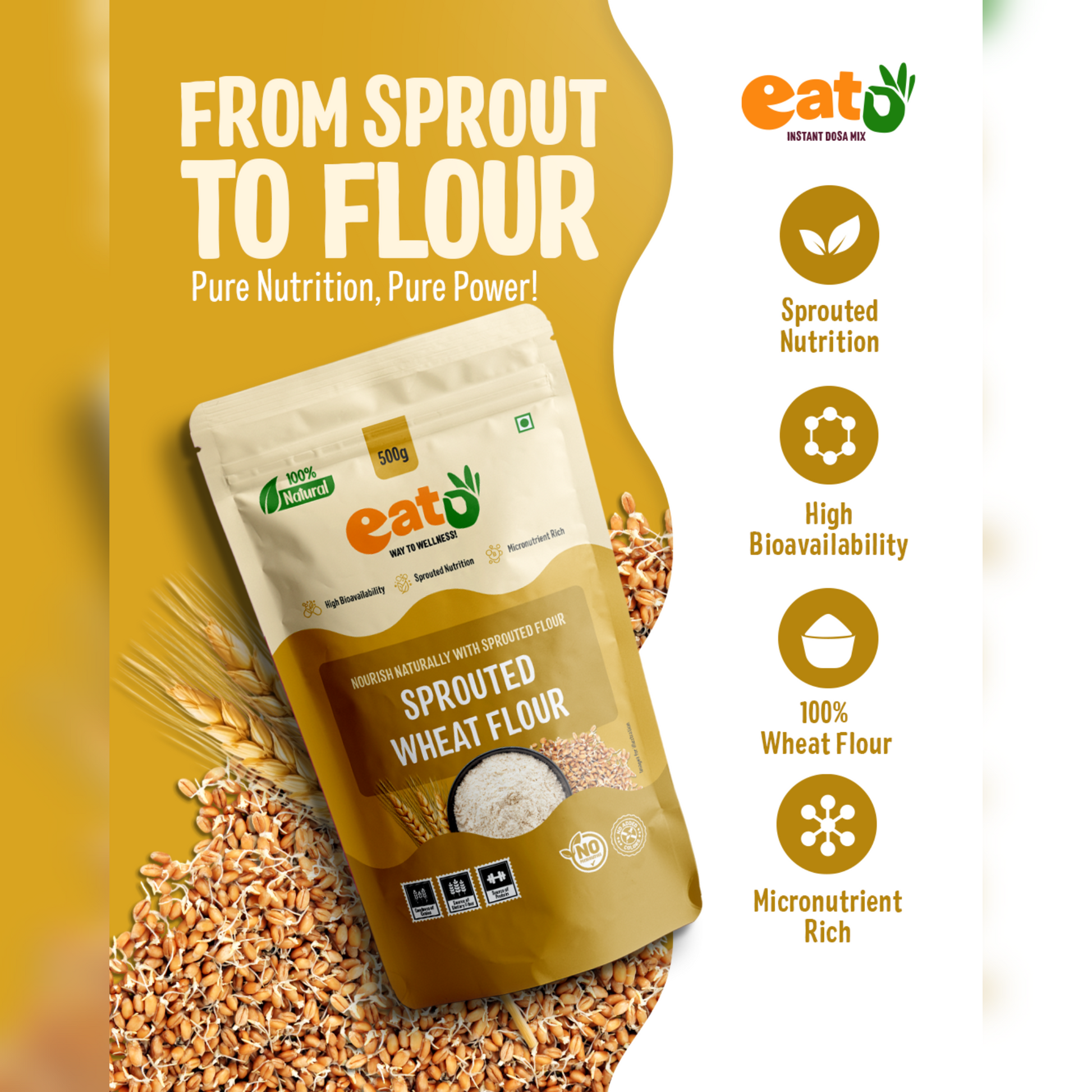Eat5 Sprouted Wheat Flour (500g) | 100% Natural, Clean Label & Stone-Ground | High Fibre, Protein & Nutrient-Rich | Easy to Digest Whole Wheat Flour | Ideal for Soft Rotis, Chapati, Parathas, Bread & Baking | No Preservatives, No Additives