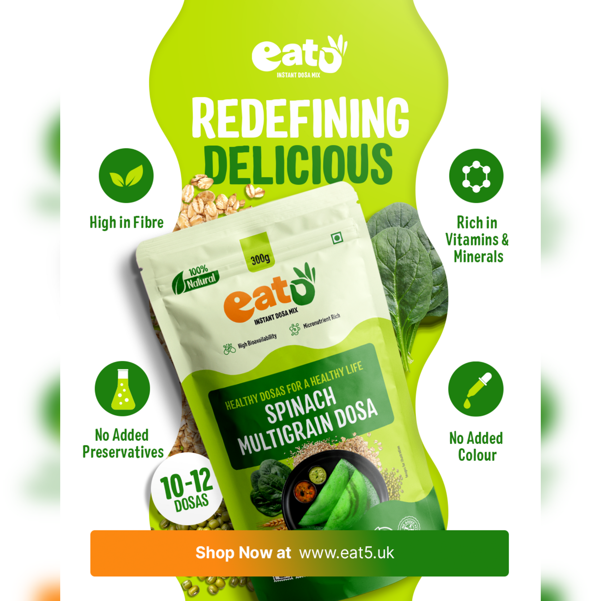 Eat5 Instant Spinach Multigrain Dosa Mix (300g) | Healthy & Ready-to-Cook South Indian Breakfast | Rich in Protein, Fibre & Micronutrients | 100% Natural, No Maida, No Preservatives | Makes 10–12 Nutritious Dosas