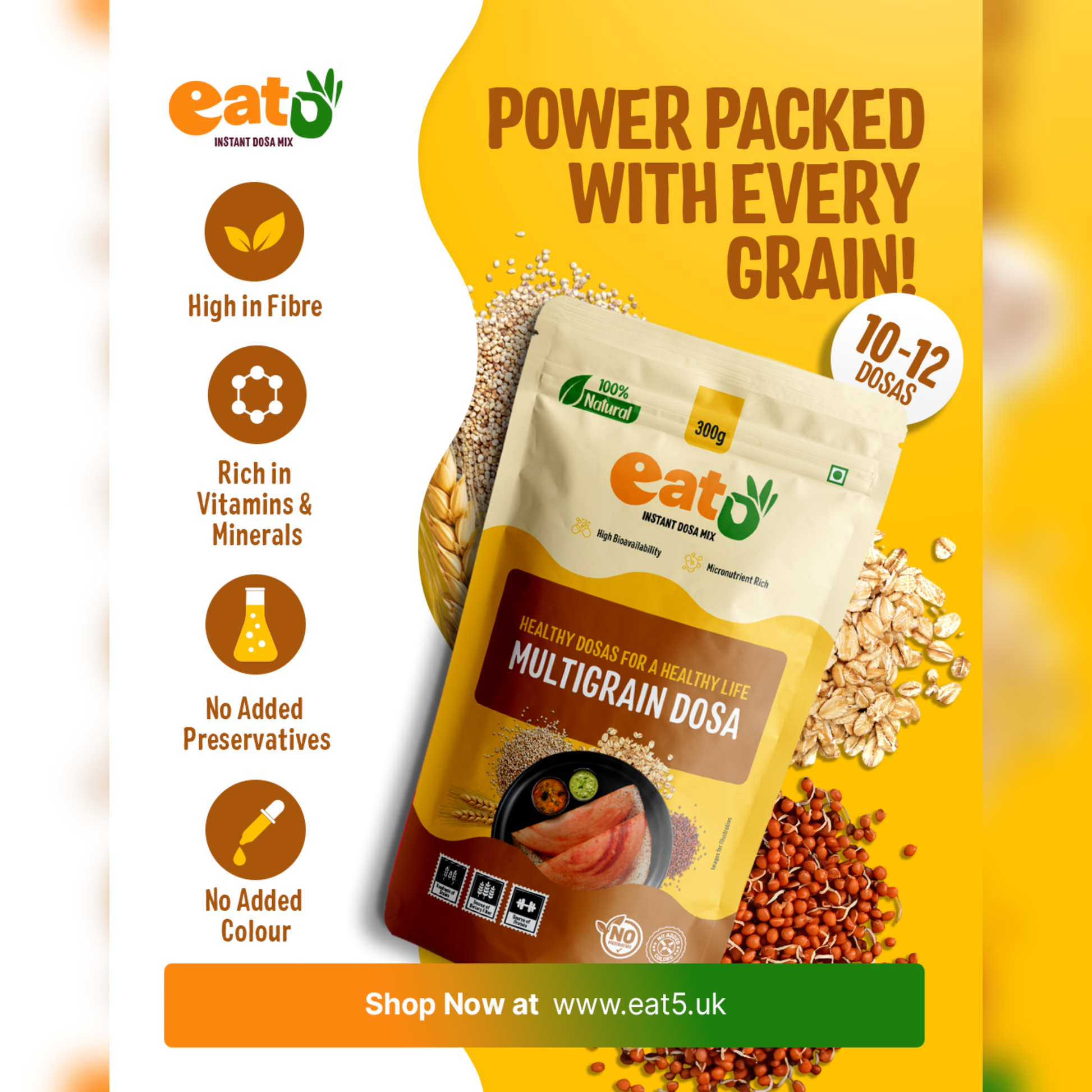 Eat5 Instant Multigrain Dosa Mix (300g) | Healthy & Ready-to-Cook South Indian Breakfast | Rich in Protein, Fibre & Micronutrients | 100% Natural, No Maida, No Preservatives | Makes 10–12 Nutritious Dosas