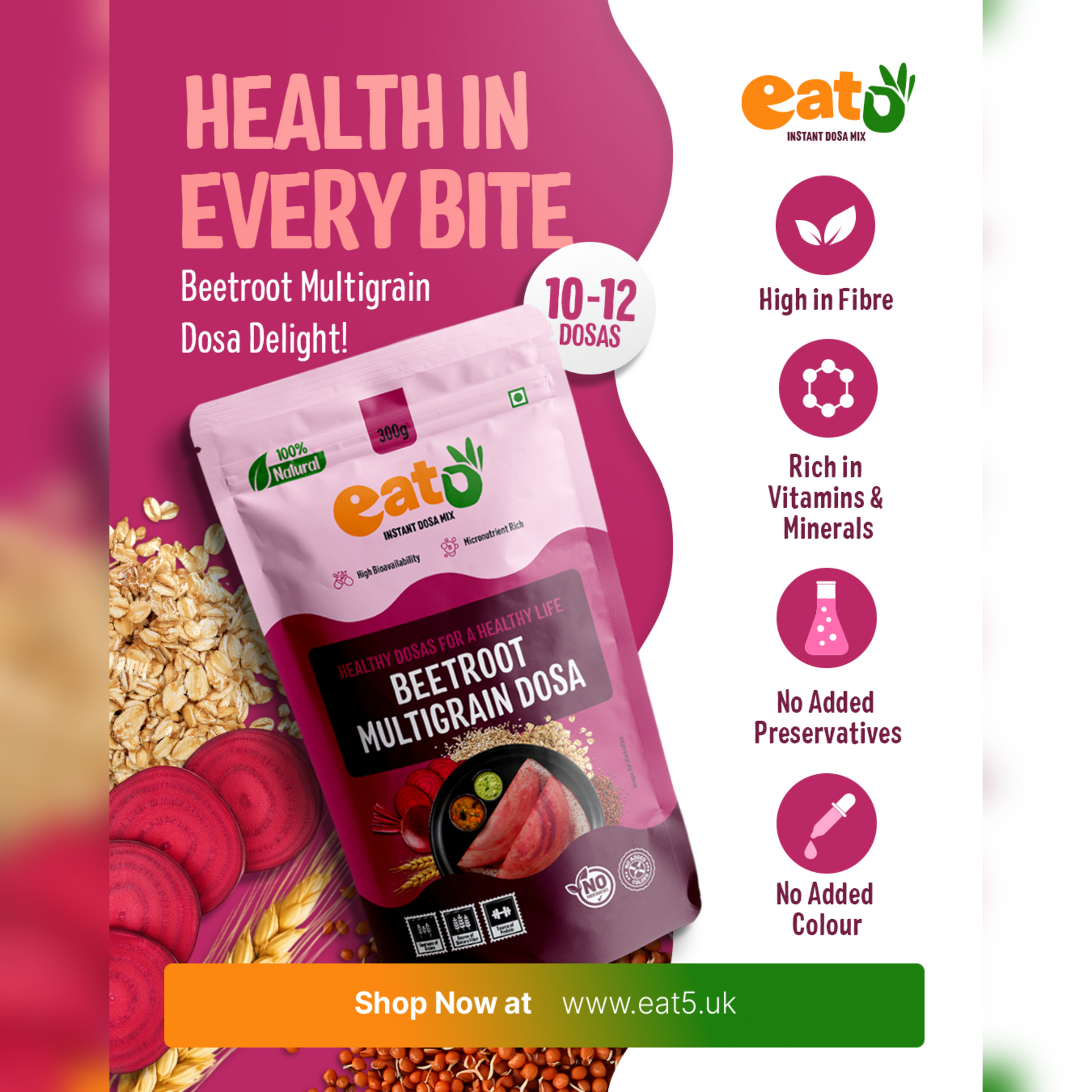 Eat5 Instant Beetroot Multigrain Dosa Mix (300g) | Healthy & Ready-to-Cook South Indian Breakfast | Rich in Protein, Fibre & Micronutrients | 100% Natural, No Maida, No Preservatives | Makes 10–12 Nutritious Dosas