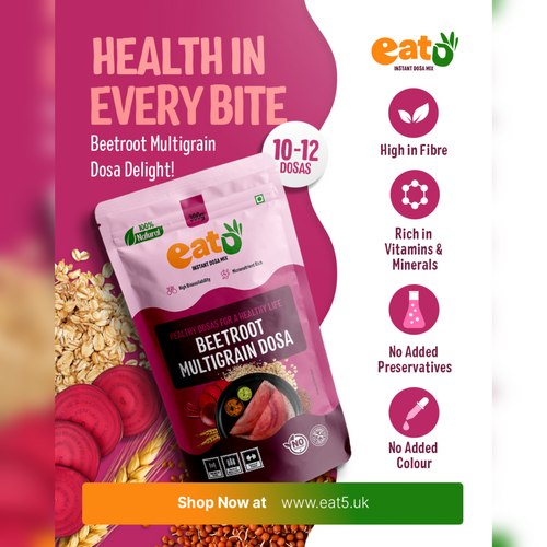 Eat5 Instant Beetroot Multigrain Dosa Mix (300g) | Healthy & Ready-to-Cook South Indian Breakfast | Rich in Protein, Fibre & Micronutrients | 100% Natural, No Maida, No Preservatives | Makes 10–12 Nutritious Dosas