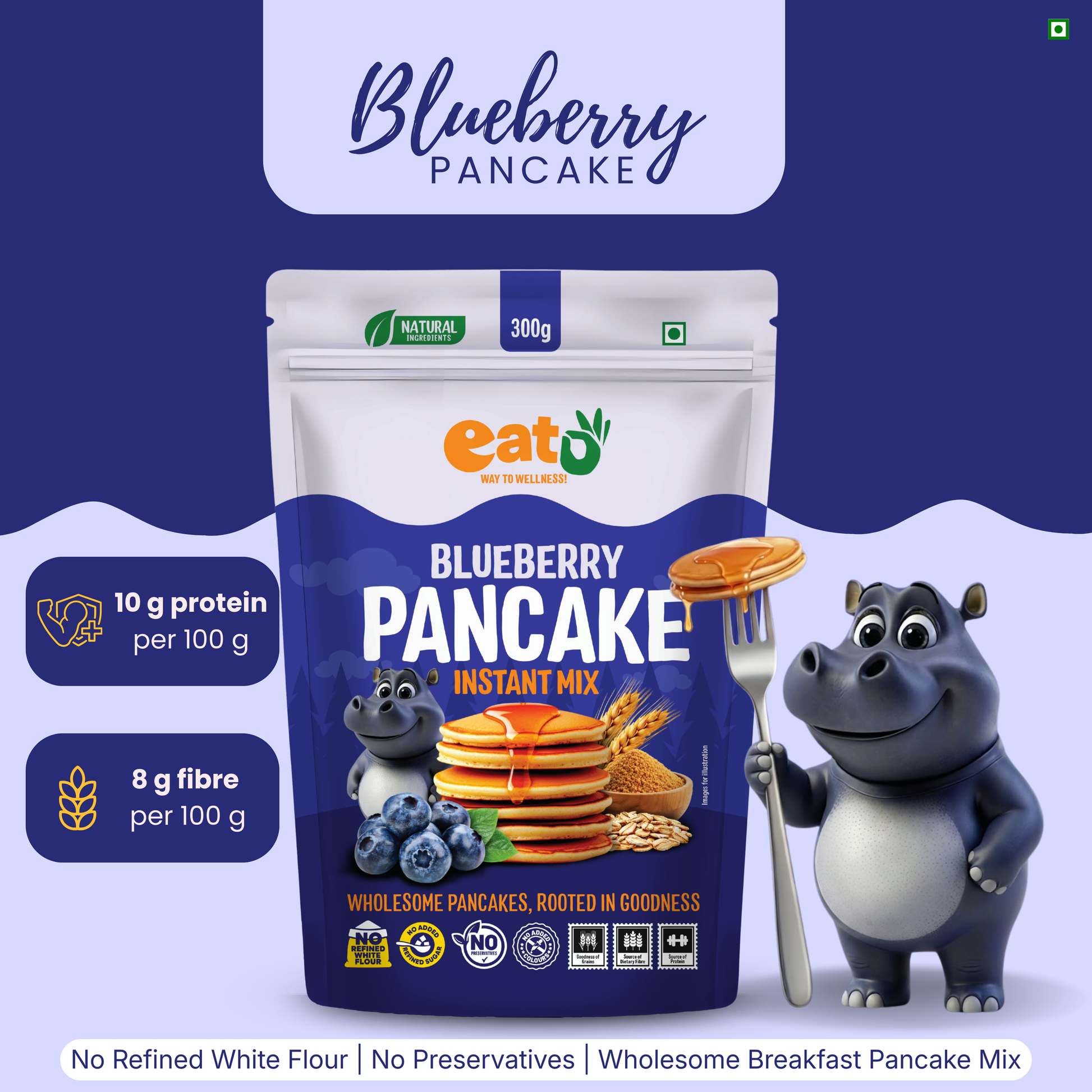 Eat5 Blueberry Pancake Instant Mix 300g | No Refined White Flour | No Refined Sugar, Preservative-Free | Rich, Soft & Fluffy Healthy Blueberry Pancakes | High Fiber & Protein-Rich | Quick & Easy Breakfast or Snack