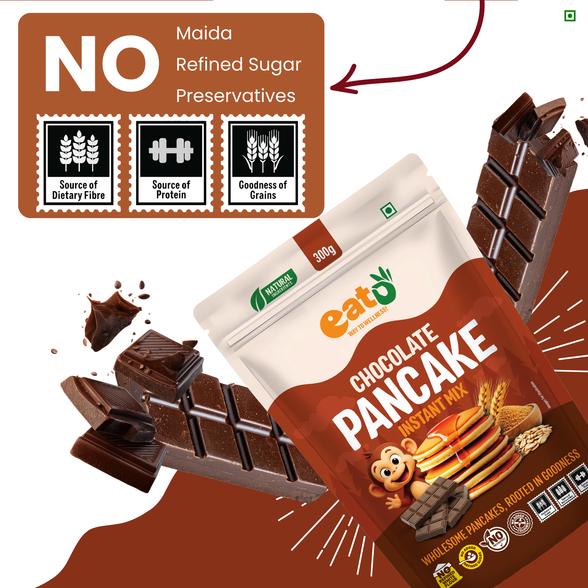 Eat5 Chocolate Pancake Instant Mix 300g | No Refined White Flour | No Refined Sugar, Preservative-Free | Rich, Soft & Fluffy Healthy Chocolate Pancakes | High Fiber & Protein-Rich | Quick & Easy Breakfast or Snack