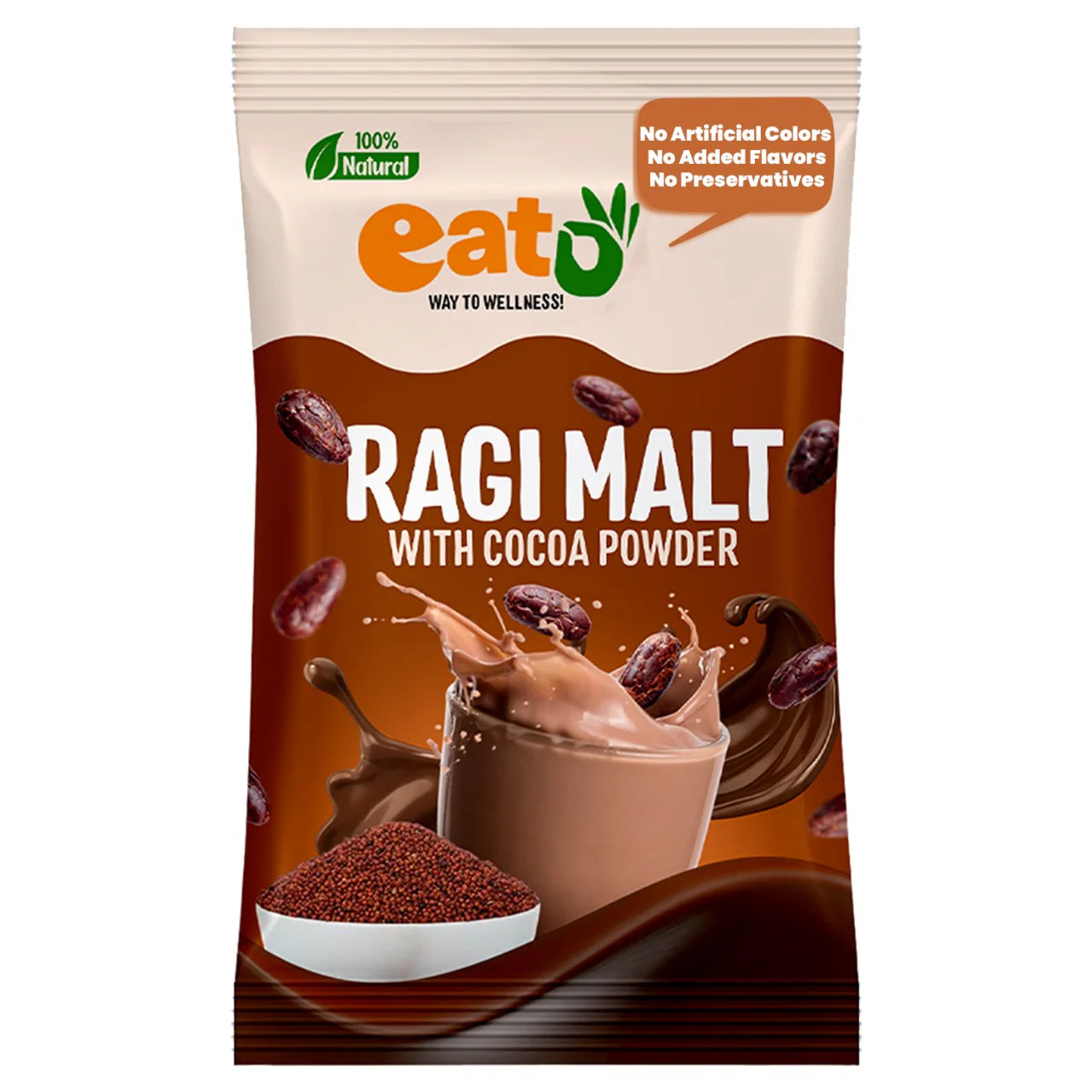Eat5 Sprouted & Roasted Ragi Malt with Natural Cocoa Powder | Instant & Nutritious Drink Mix | High in Calcium, Iron & Fiber | 100% Natural, No Preservatives | Vegan & Gluten-Free | 15 Sachets × 15g = 225g Box